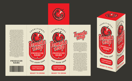 vector mockup template of cardboard packaging box for tomato soup with realistic pattern of half tomato in retro style. Suitable for packaging design and labelsのイラスト素材