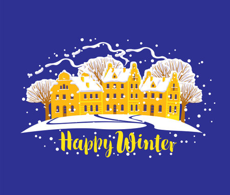 Snowy winter town landscape with cute colored houses, snow-covered trees. Beautiful vector illustration, greeting christmas and new year card or decorative banner in cartoon styleのイラスト素材