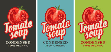 Labels for a condensed tomato soup in retro style. Set of vector labels or banners for organic tomato soup with the image of a cut half tomato and inscriptionsのイラスト素材