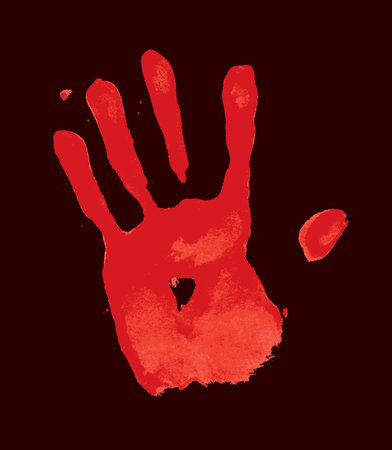 red blood print of human hand, skin texture pattern. Scanning the palm and fingers on white background, grunge vector illustration.のイラスト素材