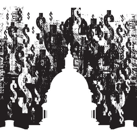 Vector banner on theme of banking, finance and money, tariffs and sanctions with image of US Capitol in Washington in grunge style against the background dollar signs.のイラスト素材