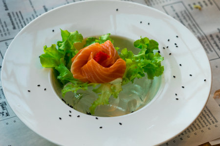 close up sashimi salmon with vegetables,  Selective focus.