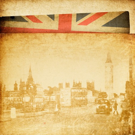 Vintage London theme background. Buildings of Parliament with Big Ban tower in London UK view from Themes bridge.の写真素材