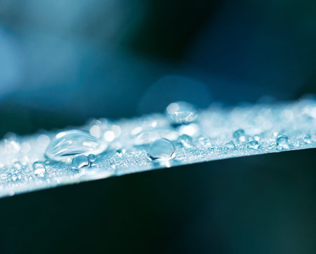 Drops of dew on a leaf, close-up, toned blue.