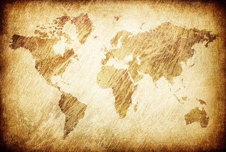Grunge rubbed map of the world background.の写真素材