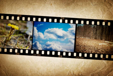 Nature photo with film strip on vintage background.の写真素材