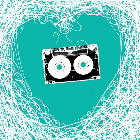 Old stereo audiocassette with tangled heart shaped magnetic tape.のイラスト素材