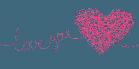 love you words and heart shaped line scribbles on letter format