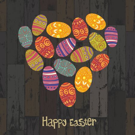 Easter eggs. Heart shaped on wooden planks background. Vector, EPS10のイラスト素材