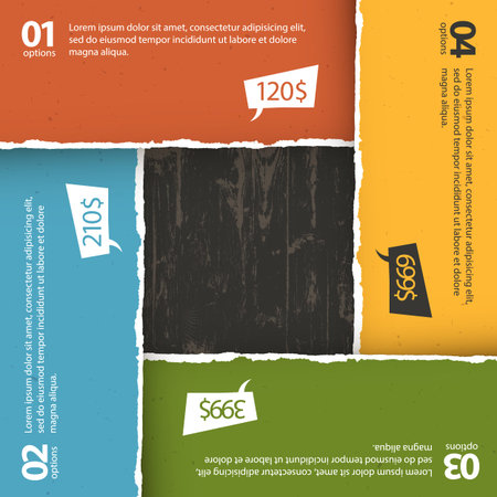 Wooden texture under torn paper colorful plates. Vector, EPS10のイラスト素材