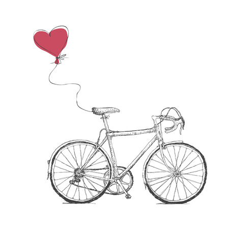 Vintage Valentines Illustration with Bicycle and Heart Baloonのイラスト素材