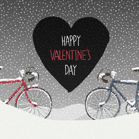 Valentines Card. Snow Covered Bicycles, Calm Winter Sceneのイラスト素材
