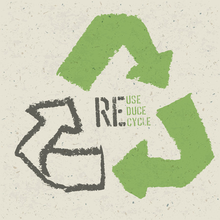Reuse conceptual symbol and "Reuse, Reduce, Recycle" text on Recycled Paper Textureのイラスト素材