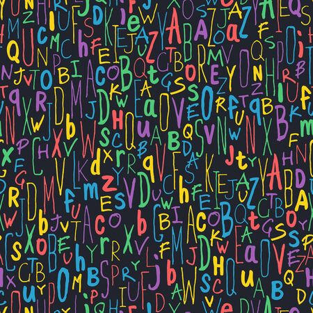 Colorful Different Letters on Black. Alphabet Seamless Pattern. Hand-drawn vector illustrationのイラスト素材