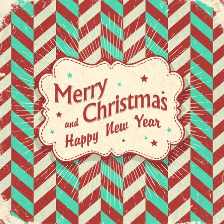 Christmas retro card design. Lettering on vintage label with rays. On chevron  aged patternのイラスト素材