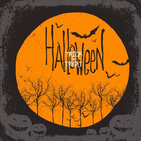 Halloween vector background. Dry tree and pumpkins. Full moon and batsのイラスト素材