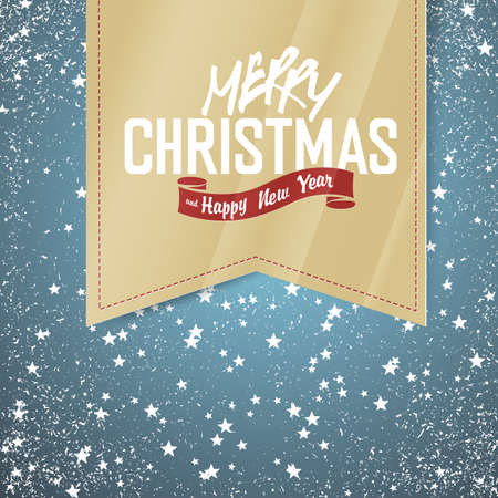 Merry Christmas Card. Falling Snow and Stars with Greeting Christmas Labelのイラスト素材