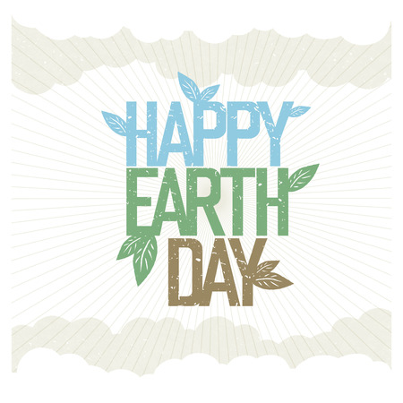 Vintage Earth Day Poster. Rays, leaves, clouds, sky. On old paper texture. Grunge layers easily edited.のイラスト素材
