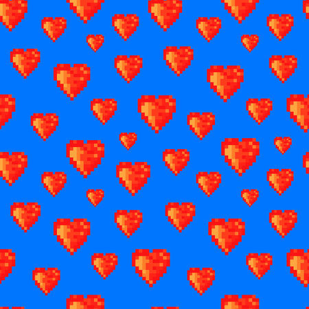 Pop art seamless pattern. Pixel hearts on blue background
