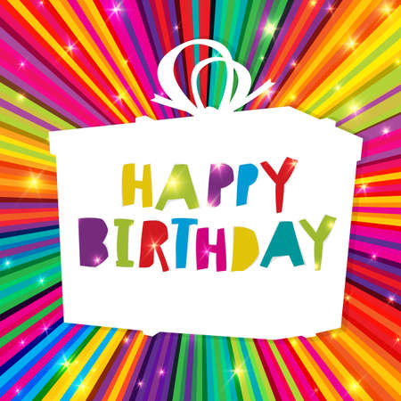 Happy Birthday on colorful rays with gift box. Vector Templateのイラスト素材