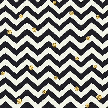 Chevron seamless pattern. Black zigzag lines and golden dotsのイラスト素材