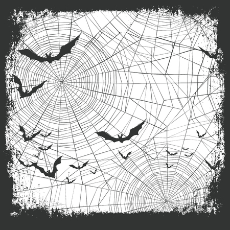 Halloween border for design. Bats silhouettes and scary pumpkins. Spider web backgroundのイラスト素材