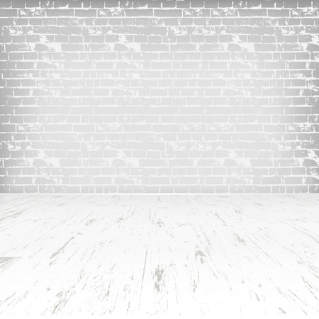 Empty white room with wooden floor and brick wallのイラスト素材