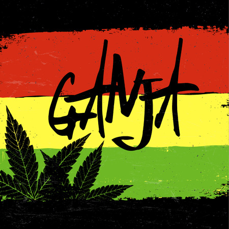 Marijuana silhouette. Ganja typography. Vector marijuana leaf and typography on rastafarian grunge backgroundのイラスト素材