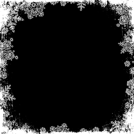 Snowflakes white frame silhouette. Center area blank. Isolate on blackのイラスト素材