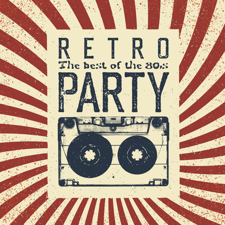 Retro party advertising flyer with old audiocassette. Old-fashioned poster design. Vector vintage illustration. Sunburst retro backgroundのイラスト素材
