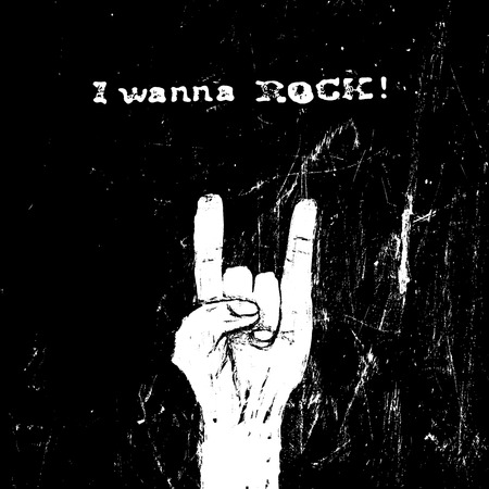 Horn gesture and "I wanna ROCK!" text. Rockstar concept. VEctor illustration. Horns gesture grunge composition on blackのイラスト素材