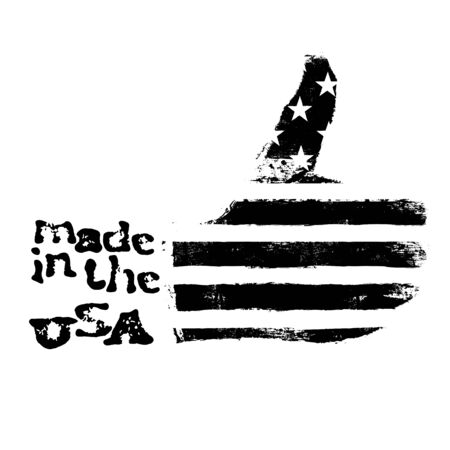Made in the USA. Thumb up gesture symbol. American flag shaped like symbol. On white background. Black and whiteのイラスト素材