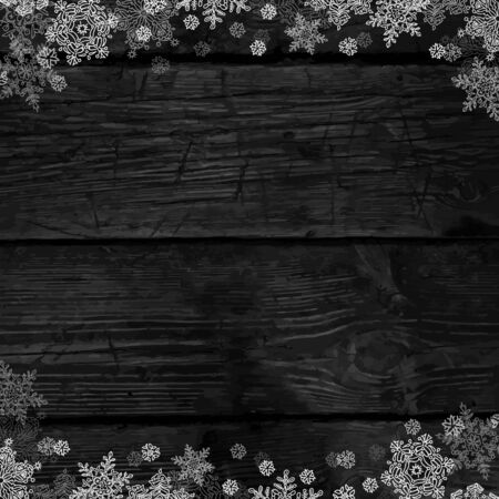 Wooden black christmas background with snowflakes. Frozen ornament on isolated frame. Holiday Postcard templateのイラスト素材