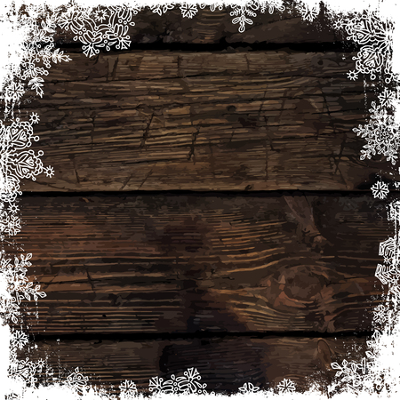 Wooden brown christmas background with snowflakes. Frozen ornament isolated frame. Holiday Postcard templateのイラスト素材