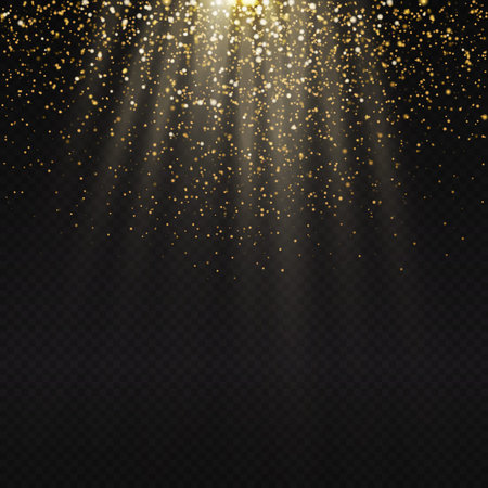 Golden light effect. Star burst light with golden sparkles. Bokeh defocused background. Vector illustration on transparent.のイラスト素材