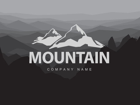 Mountains logo template with abstract peaks background. Logotype on mountain monochrome abstract background. Mountaineering and Traveling illustration.のイラスト素材