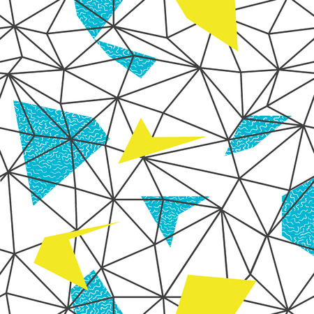 Triangles wire-frame seamless repeat pattern. Triangular facets. Doodles hand-drawn pattern. Vector pattern. Wireframe Background Blue and Yellow Seamless Pattern.のイラスト素材