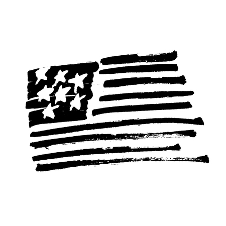 Hand drawn American flag "Stars and stripes" monochrome Illustration. Painted by Brush. Black symbol isolated on white.のイラスト素材