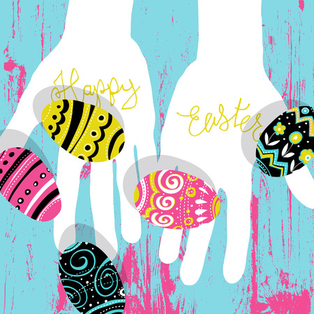 Easter eggs in hands. Bright colors Easter postcard. Calligraphy, wooden board. Vector illustratiion.のイラスト素材