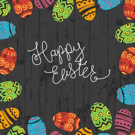 Happy Easter. Eggs colorful frame abstract background. Calligraphy inscription in center. Holiday design template.のイラスト素材