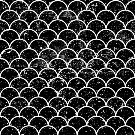 Grunge fish scales monochrome seamless pattern. Abstract black asian background, grunge texturedのイラスト素材
