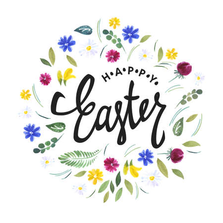 Happy Easter. Watercolor flowers and calligraphy vector greetings.のイラスト素材