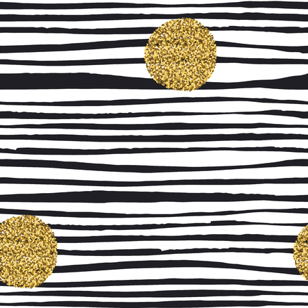 Golden, glitter dots. Grunge polka dots seamless pattern. Abstract vintage polka dot pattern. Black and gold backgroundのイラスト素材