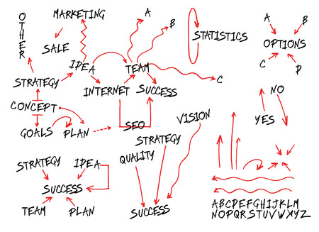 Business concept elements. Arrows and alphabet set. Isolated vector hand drawn arrows and letters on a white background.のイラスト素材