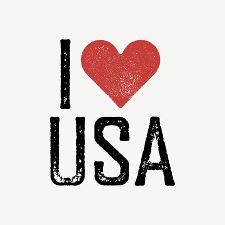 "I love USA" text with red heart. T-shirt print design template. Vector illustration. Isolated on white background.のイラスト素材