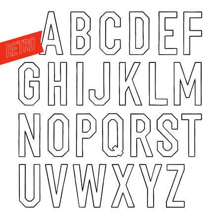 Handmade retro outline white font. Black letters on white background. Sans serif type. Decorative vector alphabetのイラスト素材