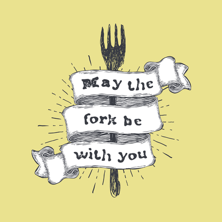 May the fork be with you. Kitchen and cooking food related, funny quote on hand drawn ribbon on yellow background.のイラスト素材