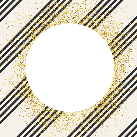Invitation card design template. Diagonal black lines pattern and white circle shaped copyspace with golden chaotic dots.のイラスト素材