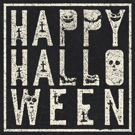 Halloween holiday card design with spiders web. "Happy Halloween". Grunge letters with grave, bats and pumpkins symbols.のイラスト素材