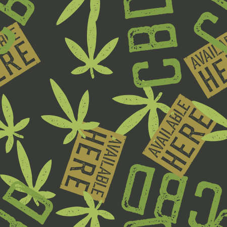 CBD labels and hemp leaves seamless pattern. Hemp products theme vector backgroundのイラスト素材